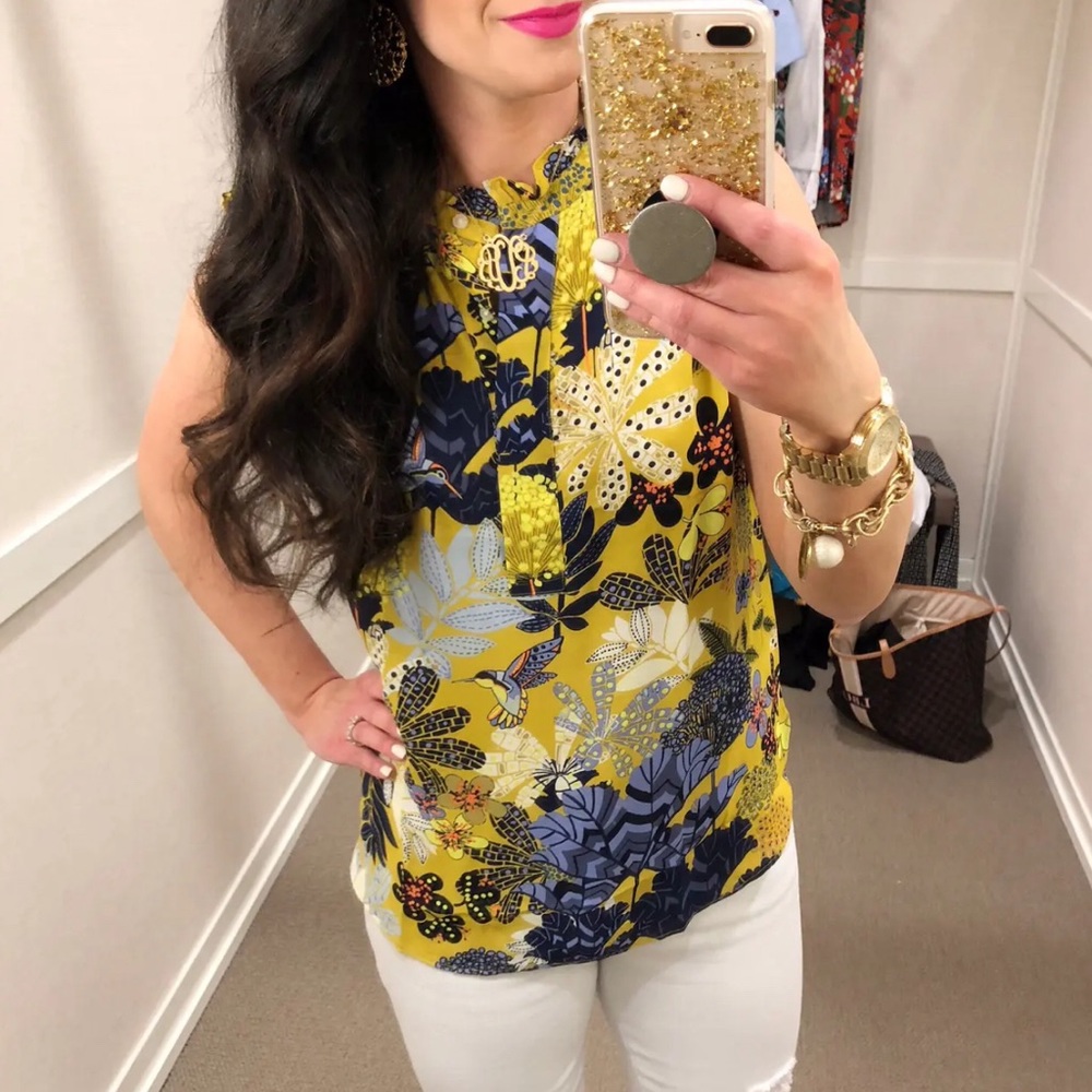 loft women’s petite yellow floral ruffle neck MP L104-6